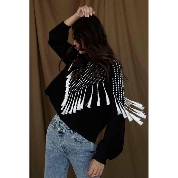12th Tribe Sweaters - 12th Tribe Black Tassel Round Neck Distressed Knit Sweater One Size
